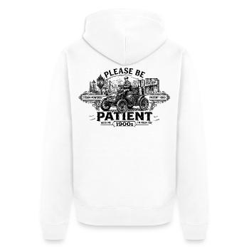 Geduld Vintage Dampfauto – Entschleunigt seit 1900 - Unisex Premium Bio Zip Hoodie - Weiß - Hinten - Thijin (182cm)