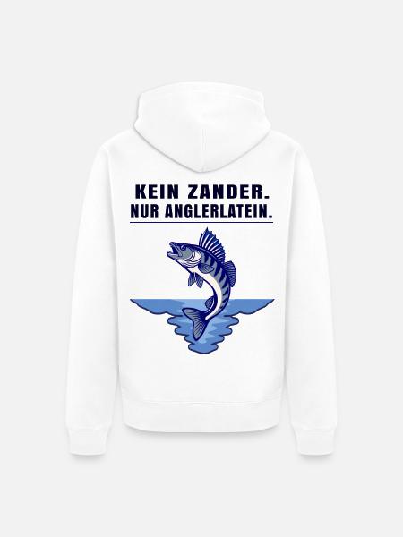 Anglerlatein Spruch – Zander Angler Motiv - Unisex Premium Bio Zip Hoodie - Weiß