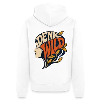 Denk Wild – Retro Silhouette Frau & Hippie - Unisex Premium Bio Zip Hoodie - Weiß - Hinten - Thijin (182cm)