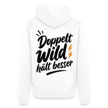 Doppelt_Wild_haelt_besser_Schwarz - Unisex Premium Bio Zip Hoodie - Weiß - Hinten - Thijin (182cm)