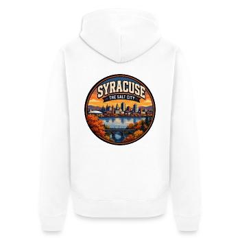 Syracuse : Le badge de la Skyline rétro des lacs de Salt City - Veste à capuche bio Premium Unisexe - blanc - Dos - Thijin (182cm)