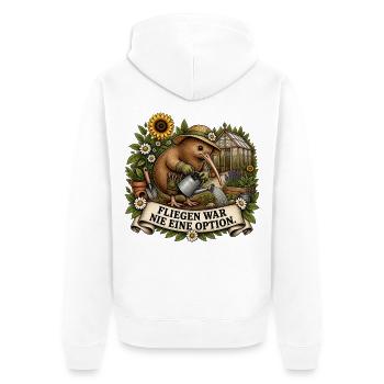 Kiwi Gärtner – Fliegen war nie eine Option - Unisex Premium Bio Zip Hoodie - Weiß - Hinten - Thijin (182cm)