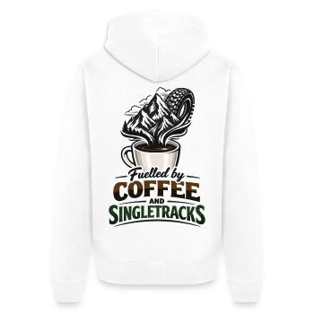 Fuelled by Coffee & Singletracks MTB Kaffeetasse - Unisex Premium Bio Zip Hoodie - Weiß - Hinten - Thijin (182cm)