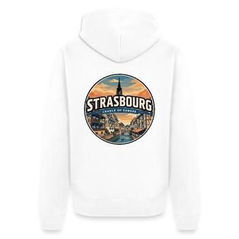 Retro Straßburger Petite France Abzeichen - Unisex Premium Bio Zip Hoodie - Weiß - Hinten - Thijin (182cm)