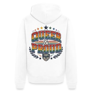 Queer & Proud Baseball T-Shirt Vintage Pride - Unisex Premium Bio Zip Hoodie - Weiß - Hinten - Thijin (182cm)