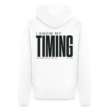 Ich kenne mein Timing | Fotografenausgabe - Unisex Premium Bio Zip Hoodie - Weiß - Hinten - Thijin (182cm)