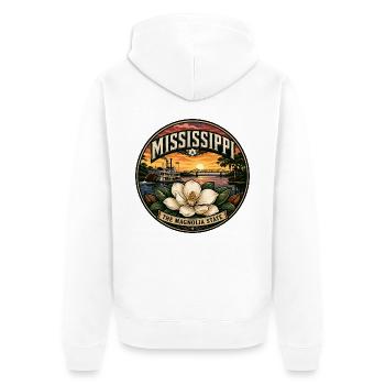 Mississippi Magnolia State Retro Dampfschiff-Abzeichen - Unisex Premium Bio Zip Hoodie - Weiß - Hinten - Thijin (182cm)