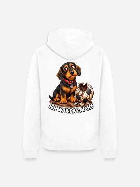 Ich war das nicht – Dackel Fußball - Unisex Premium Bio Zip Hoodie - Weiß
