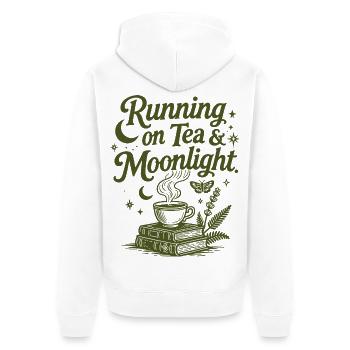 Running on Tea & Moonlight Spruch - Unisex Premium Bio Zip Hoodie - Weiß - Hinten - Thijin (182cm)