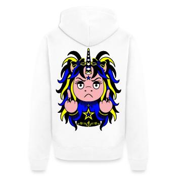 Volt-Mare: Blau-Gelbes EinZORN mit Mittelfinger - Unisex Premium Bio Zip Hoodie - Weiß - Hinten - Thijin (182cm)