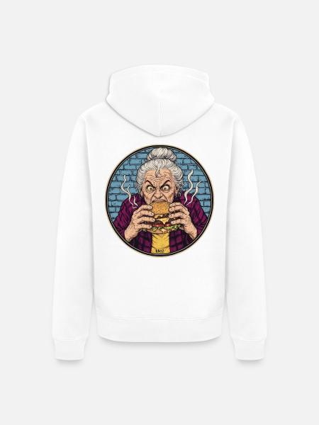 Granny Grub Burger-Ikone - Unisex Premium Bio Zip Hoodie - Weiß