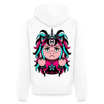 Mane-iac: Pink-Blaues EinZORN mit Mittelfinger - Unisex Premium Bio Zip Hoodie - Weiß - Hinten - Thijin (182cm)