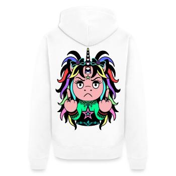Colour-Chaos: Buntes EinZORN mit Mittelfinger - Unisex Premium Bio Zip Hoodie - Weiß - Hinten - Thijin (182cm)