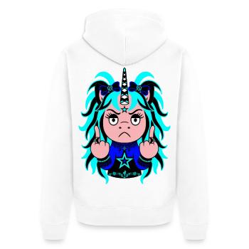 Frostbite: Frostig-blaues EinZORN mit Mittelfinger - Unisex Premium Bio Zip Hoodie - Weiß - Hinten - Thijin (182cm)