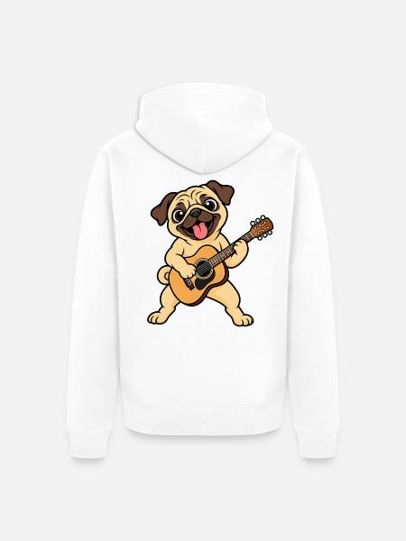 Süßer Mops mit Akustikgitarre - Unisex Premium Bio Zip Hoodie - Weiß
