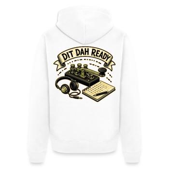 DIT DAH READY - Unisex Premium Bio Zip Hoodie - Weiß - Hinten - Thijin (182cm)