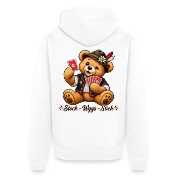 Für Jasserinnen & Jasser - Teddy Stöck Wyys Stich - Unisex Premium Bio Zip Hoodie - Weiß - Hinten - Thijin (182cm)