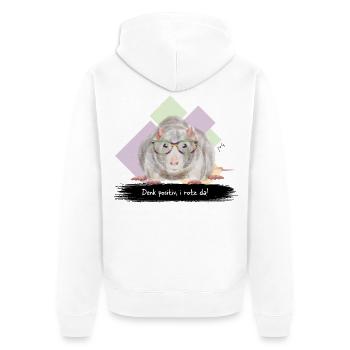 JvG Ratte "Denk positiv, i roz da!" - Unisex Premium Bio Zip Hoodie - Weiß - Hinten - Thijin (182cm)