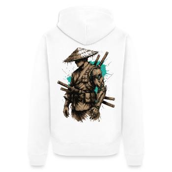 Der Krieger zwischen Tradition und Cyberpunk - Unisex Premium Bio Zip Hoodie - Weiß - Hinten - Thijin (182cm)