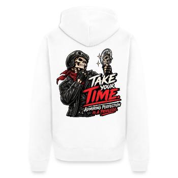 Perfektion zu bewundern ist ein Privileg - Unisex Premium Bio Zip Hoodie - Weiß - Hinten - Thijin (182cm)