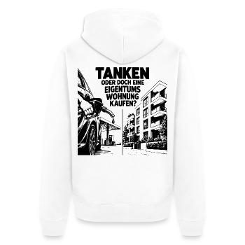 Tanken oder doch eine Eigentumswohnung kaufen? - Unisex Premium Bio Zip Hoodie - Weiß - Hinten - Thijin (182cm)