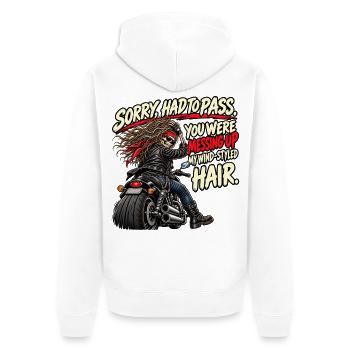 Windgestyltes Haar – lustiger Biker-Überhol-Witz - Unisex Premium Bio Zip Hoodie - Weiß - Hinten - Thijin (182cm)