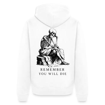 Denk daran, dass du sterben wirst - Unisex Premium Bio Zip Hoodie - Weiß - Hinten - Thijin (182cm)
