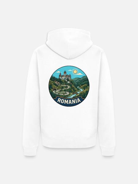 Rumänien Reiseabzeichen Bran Dracula Schloss - Unisex Premium Bio Zip Hoodie - Weiß