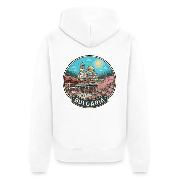 Bulgariens Reiseabzeichen Rila-Kloster Rosental - Unisex Premium Bio Zip Hoodie - Weiß - Hinten - Thijin (182cm)