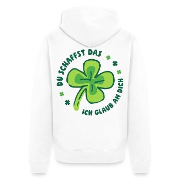 Du schaffst das! – Glücksklee Mutmacher - Unisex Premium Bio Zip Hoodie - Weiß - Hinten - Thijin (182cm)