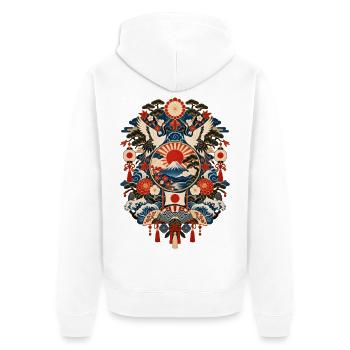 Japan | Fuji, Kraniche & Wellen - Unisex Premium Bio Zip Hoodie - Weiß - Hinten - Thijin (182cm)
