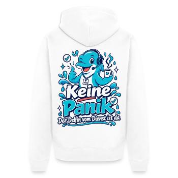 Keine Panik – Der Delfin vom Dienst ist da - Unisex Premium Bio Zip Hoodie - Weiß - Hinten - Thijin (182cm)