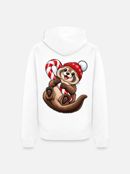 Süßer Otter mit Wintermütze & Zuckerstange - Unisex Premium Bio Zip Hoodie - Weiß