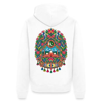 Pakistan | Pfauen, Moschee & Paisley - Unisex Premium Bio Zip Hoodie - Weiß - Hinten - Thijin (182cm)