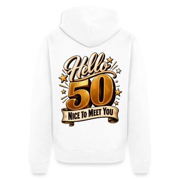 Geburstag 50 Jahre 50. Geburtstag Hello 50 Party - Unisex Premium Bio Zip Hoodie - Weiß - Hinten - Thijin (182cm)