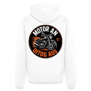 Motor an - Oitog aus, Motor an - Alltag aus - Unisex Premium Bio Zip Hoodie - Weiß - Hinten - Thijin (182cm)