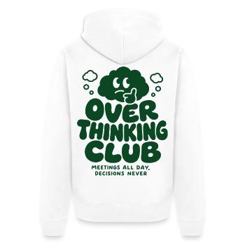 Over Thinking Club – Meetings All Day - Unisex Premium Bio Zip Hoodie - Weiß - Hinten - Thijin (182cm)