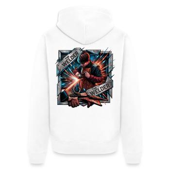 The Welder Funkenkraft - Unisex Premium Bio Zip Hoodie - Weiß - Hinten - Thijin (182cm)