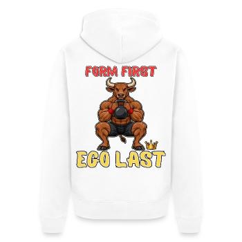Gründet First Ego Last Bull Gym - Unisex Premium Bio Zip Hoodie - Weiß - Hinten - Thijin (182cm)