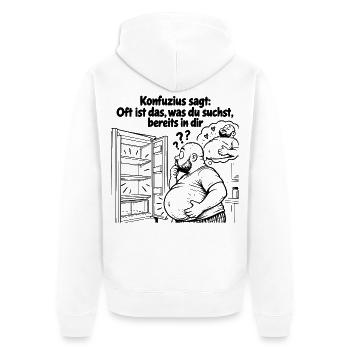 Lustige Lebensweisheit Oft ist das, was du suchst - Unisex Premium Bio Zip Hoodie - Weiß - Hinten - Thijin (182cm)