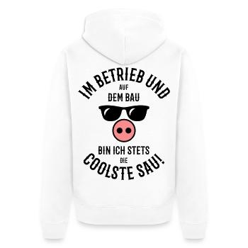 Im Betrieb – Auf Bau – Coolste Sau (Bauarbeiter) - Unisex Premium Bio Zip Hoodie - Weiß - Hinten - Thijin (182cm)