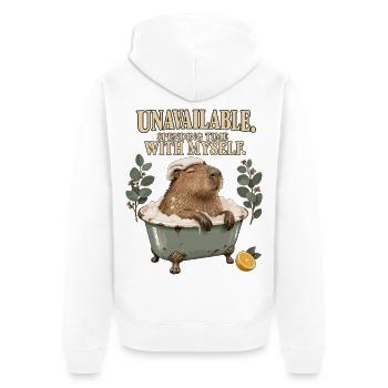 Unavailable – Zeit für mich mit Capybara - Unisex Premium Bio Zip Hoodie - Weiß - Hinten - Thijin (182cm)
