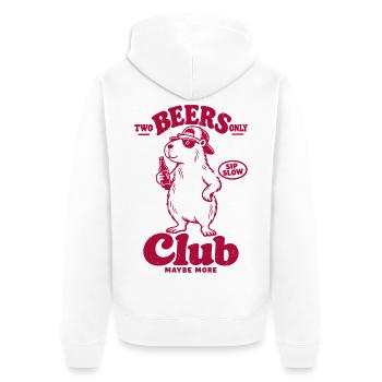 Rotes Capybara Bierclub – Sip Slow, Club More - Unisex Premium Bio Zip Hoodie - Weiß - Hinten - Thijin (182cm)