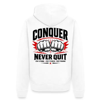 Conquer Never Quit Boxing Gym Motivation Shirt - Unisex Premium Bio Zip Hoodie - Weiß - Hinten - Thijin (182cm)