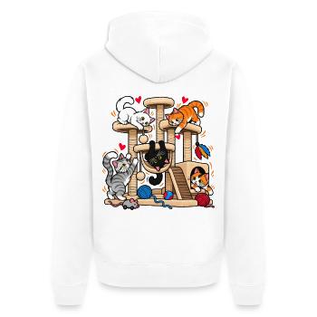 Kocia Ferajna – Verrückte Katzen am Kratzbaum - Unisex Premium Bio Zip Hoodie - Weiß - Hinten - Thijin (182cm)