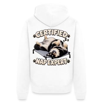 Zertifizierter Nickerchen-Experte – Finnischer Lapphund - Unisex Premium Bio Zip Hoodie - Weiß - Hinten - Thijin (182cm)