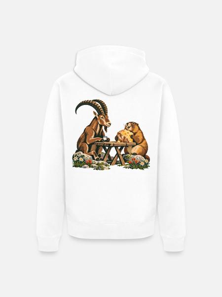 Alpenmurmeltier & Steinbock – Bergfrühstück - Unisex Premium Bio Zip Hoodie - Weiß