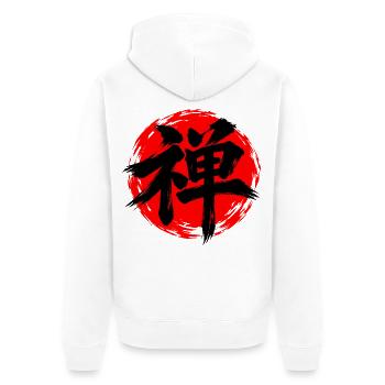 KANJI-RESONANZ | Zen — Innere Stille - Unisex Premium Bio Zip Hoodie - Weiß - Hinten - Thijin (182cm)