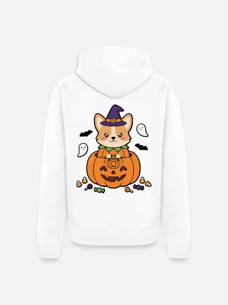 Süßes Kawaii-Corgi-Kürbis-Hexenhut-Halloween-Geschenk - Unisex Premium Bio Zip Hoodie - Weiß