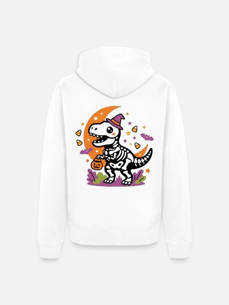 Skelett-Dinosaurier hält Kürbiskorb Halloween - Unisex Premium Bio Zip Hoodie - Weiß